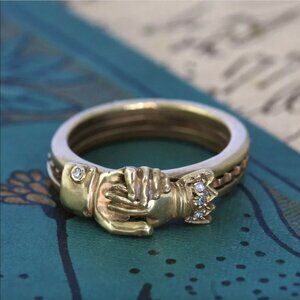 Handmade Fede Gimmel Ring, 14k & Diamonds, Hands Clasped with Hidden EUC